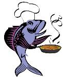 A fish holding a pan of food
Description automatically generated